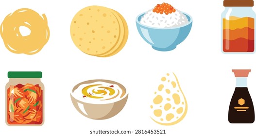 A set of eight colorful vector icons representing diverse foods from different cuisines, including bagel, tortillas, rice bowl with fish roe, honey or jam jar, kimchi jar, yogurt bowl, cheese, and soy sauce bottle. Perfect for culinary, international cuisine, restaurant, and food culture design projects.