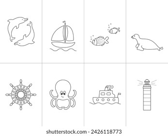 Set of eight coloring pages. Sea Theme. Vector illustration. Set No. 1.