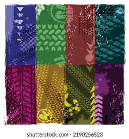 Set of eight colour grunge banners with different tire track marks and sample text. Custom made transportation design elements for defferent sport competitions and invitations