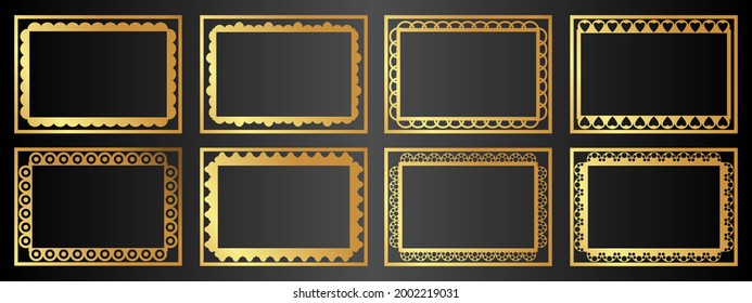 A set of eight complex unusual frames, gold-colored frames isolated on a black background. Vector illustration.