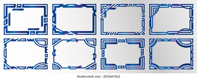 A set of eight complex unusual frames, iron-colored frames isolated on a white background. Vector illustration.