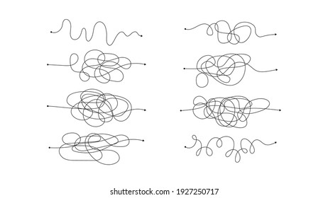 Set of eight complex wrong way with messy lines. Black lines with a starting point and an arrow at the end isolated on white background. Vector illustration