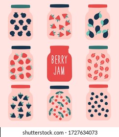 A set of eight compotes or jam of  berries of strawberry, cherry, raspberry, blueberry, 
currants, cherries, plums, blackberry in glass jars on a white background. Vector  simple cartoon illustration