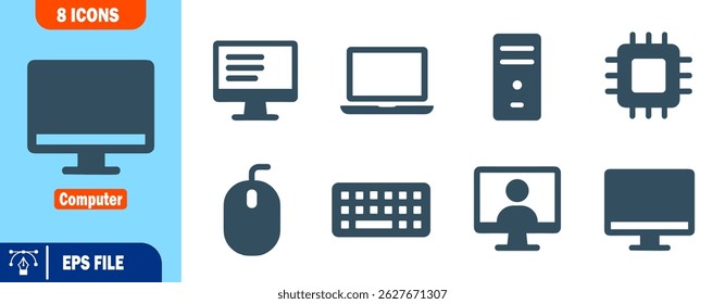 Conjunto de oito ícones de computador Ilustrações de vetor de desktop, laptop, CPU, teclado, mouse e monitor