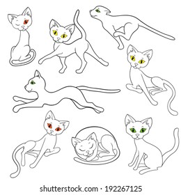 Set of eight contours of funny cats isolated on a white background, hand drawing cartoon vector illustration