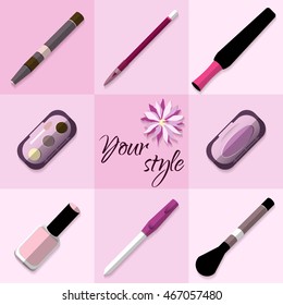 Set of eight cosmetics items on pink background