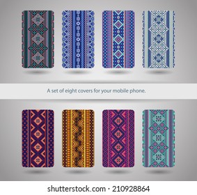 A set of eight covers for your mobile  phone. Vector decorative ethnic backgrounds.