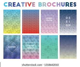 Set of eight creative brochure templates with geometric patterns and gradient backgrounds.