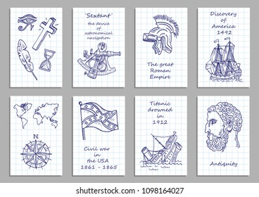 Set Of Eight Creative Cards. History Themes In Sketch Style. Note Book Page Paper. Vector Illustration In Doodle Style.