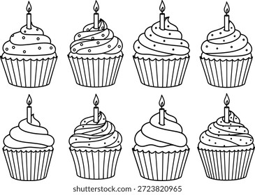 Ein Satz von acht Cupcake-Vektorsilhouetten, perfekt für Geburtstagsfeiern, Backdesigns und Dessertillustrationen.