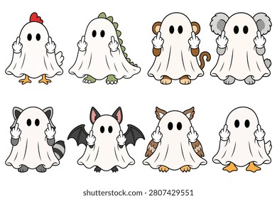 Set of eight cute animal ghost characters giving the middle finger gesture