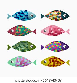 Set of eight cute and colorful cartoon fish vectors with unique scale patterns and playful color variations.