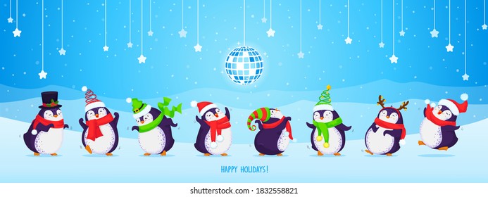 Set of eight cute dancing Christmas penguins on a blue background with disco ball, snowflakes, stars and mountains. Vector cartoon hand drawn illustration. Merry Christmas greetings.