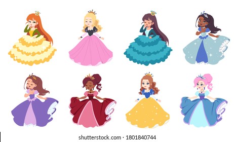 Set of eight cute different little princesses. Hand drawn cartoon flat vector illustration. Isolated on white.