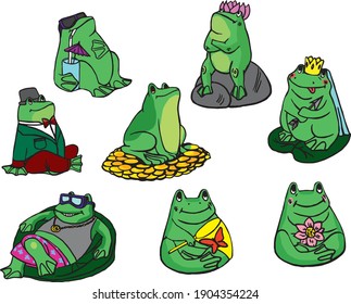Set aus acht süßen, lustigen Cartoon Frösche Vollfarbe Vektorbild 