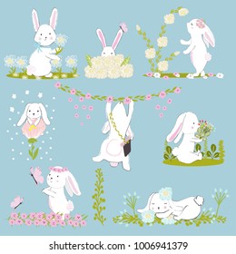 A set of eight cute and funny rabbits. Rabbits and spring flowers. Hello spring. Cartoon.Vector.