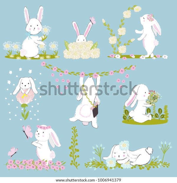 可愛くて面白いウサギ8匹のセット ウサギと春の花 春さん Cartoon Vector のベクター画像素材 ロイヤリティフリー