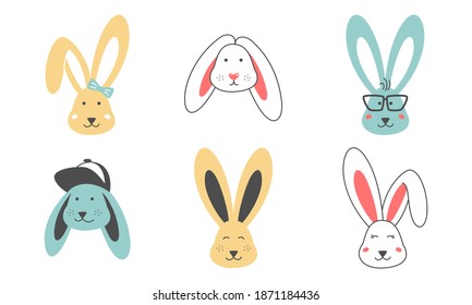 Conjunto de ocho conejos bonitos en colores brillantes. Divertido conejito de doodle