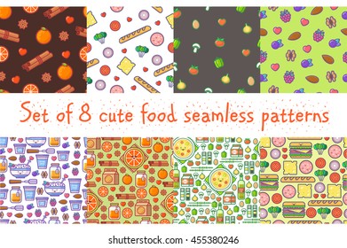 Set of eight cute seamless vector pattern with different kind of food. Fresh tasty background. Line art icons.