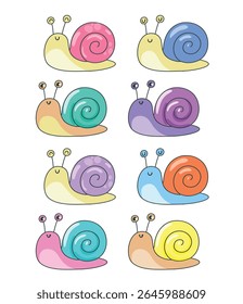Conjunto de oito caracóis bonitos desenhado à mão vetor desenhos animados insetos isolados no fundo branco