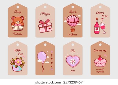 Set of eight cute Valentine's Day gift tags with hearts, flowers, balloons, and romantic messages, perfect for celebrations, gifts, packaging, print designs. Vector art