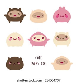 Set of eight cute vector monsters in gentle earthy tones