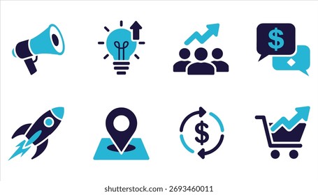 Conjunto de ocho iconos de concepto de negocio azul oscuro y cian en marketing financiero blanco