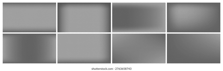 Set of eight dark transparent gradient overlays with soft vignette and blurred edges. Cinematic fade effect background. Vector shadow mask isolated on transparent backdrop for photo, banner and poster templates. Vector illustration