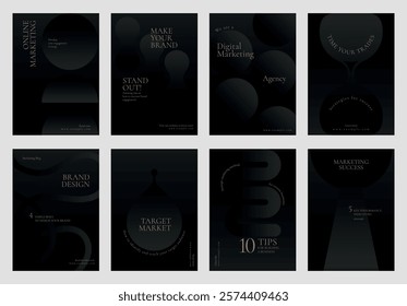 Set of eight dark-themed marketing posters. Keywords: marketing, brand, digital. Focus on brand design, digital marketing, and marketing success. Black business vector template set.