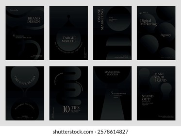 Set of eight dark-themed marketing posters. Keywords: marketing, brand, target, agency. Minimalist design with abstract shapes. Ideal for marketing agencies. Black business vector template set.