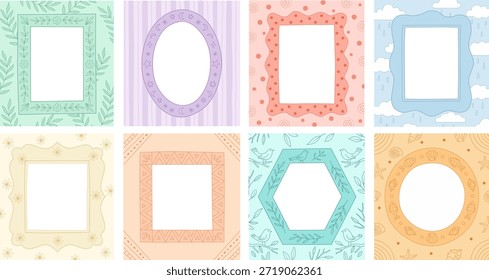 Um conjunto de oito bordas decorativas em tons suaves, apresentando formas quadradas, redondas e hexagonais, e padrões incluindo florais, bolinhas e desenhos listrados. Perfeito para álbuns de fotos