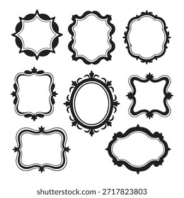 Un conjunto de ocho bordes de marco decorativo en varias Formas y diseños, incluyendo ovalado, cuadrado y rectángulo redondeado.