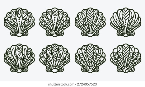 Set of eight decorative shell designs with swirling patterns illustrations