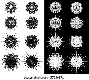 Set of eight decorative symbols. Round design elements isolated on white and black background. Kaleidoscope icons, flowers, stars and snowflakes. Vector