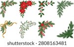 A set of eight decorative vector illustrations of Christmas corner designs featuring evergreen branches, holly leaves, red berries, poinsettia flowers, pinecones, candles, and golden ribbons. Perfect for holiday projects, seasonal invitations, Christmas cards, winter decor, and festive creative resources.