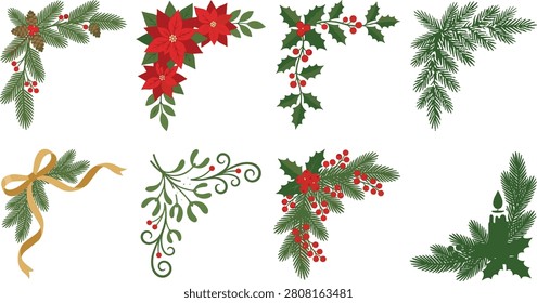 A set of eight decorative vector illustrations of Christmas corner designs featuring evergreen branches, holly leaves, red berries, poinsettia flowers, pinecones, candles, and golden ribbons. Perfect for holiday projects, seasonal invitations, Christmas cards, winter decor, and festive creative resources.