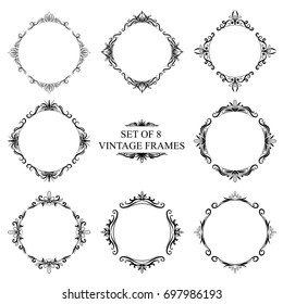 Set of eight decorative vintage monograms. Round and rhombus frames on a white background for logos