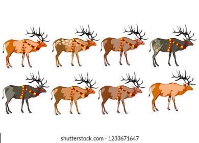 A set of eight deer of different colors. vector on white background