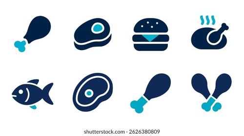 Set of Eight Delicious Food Icons Chicken, Steak, Burger, Fish, and More