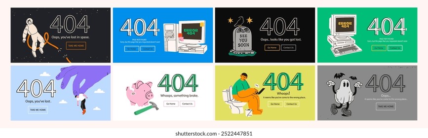 Conjunto de ocho Anuncios diferentes. Algo salió mal. Error 404, página no encontrada, concepto de error del sistema. Sitio web, fallo del navegador, ventana emergente, Plantilla de problemas. Ilustración vectorial dibujada a mano