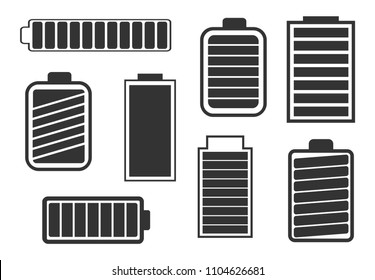 A set of eight different batteries with full charge indicators. Vector illustration
