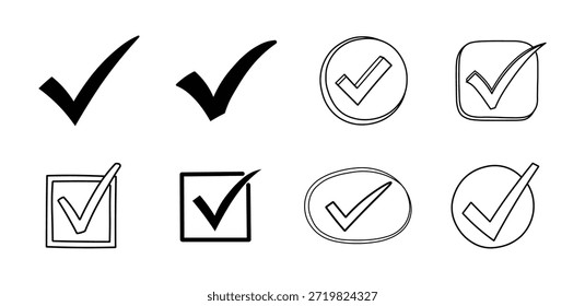Conjunto de ocho iconos y símbolos de marca de verificación dibujados a mano y negros diferentes para Aprobación, selección o finalización