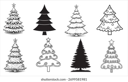Un conjunto de ocho diferentes ilustraciones de árbol de Navidad están estilizadas con Formas únicas 