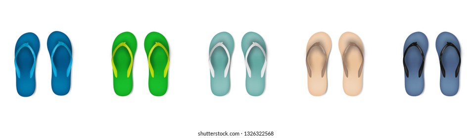 Set of eight different colors of beach slippers.