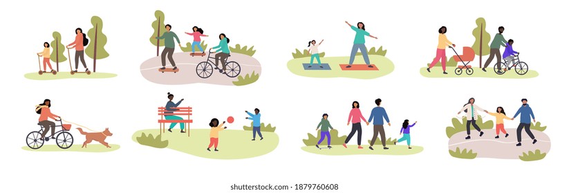 Set of eight different family activities in spring with children and parents, riding bicycles, using scooters, exercising, walking in park, walking dog, playing in groups, flat vector illustration