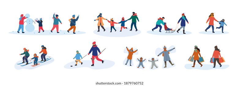 Set of eight different family activities in winter with parents, young children making snowman, skiing, skating, tobogganing, playing ice hockey. Flat cartoon vector illustration isolated on white