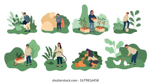 Set of eight different farming activities for a farmer and his wife tending to the crops and animals, vector illustration