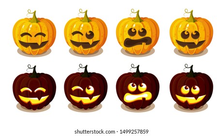 Set of eight different halloween pumpkins on a white background. Hand drawing cartoon illustration
