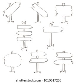 Set of eight different hand drawn wooden signboards. Vector illustration.