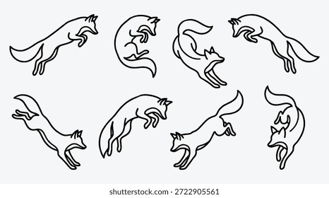 Conjunto de ocho ilustraciones de arte de línea diferentes de zorros en varias poses dinámicas y movimientos saltando y corriendo gratis